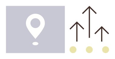 Yukarı doğru giden oklar boyunca soyut konum işaretleyicisi büyümeyi, navigasyonu, başarıyı ve pozitif yönü simgeliyor. Konseptler için ideal iş genişletme, yenilik, planlama, strateji