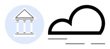 Biçimli bir bulutun yanında klasik bir banka binası. Finans, teknoloji, çevrimiçi bankacılık, modern ekonomi, dijital dönüşüm, fintech, yenilik için ideal. Basit düz metafor