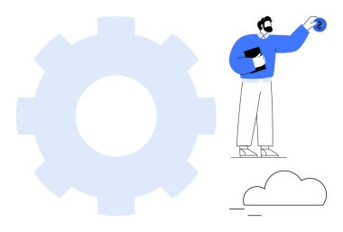 Adam pano ve para birimi fikri, büyük vites gösterme süreci, bulut tasviri teknolojisi. İş stratejisi, finans, yenilik, teknoloji, sorun çözme ve planlama süreci için ideal