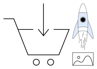 Oklu alışveriş arabası, roket fırlatma büyümeyi sembolize ediyor ve küçük resim. E-ticaret, ticari yenilik, dijital pazarlama, hızlı dağıtım, fikir başlatma, çevrimiçi mağaza temaları için ideal