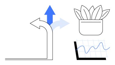 Oklar yön değişikliğini gösteriyor, saksı bitkisi büyümeyi iletiyor ve artan çizgi grafiği ilerlemeyi ve eğilimleri vurguluyor. İş, büyüme, strateji, analitik, yenilik ve başarı için ideal