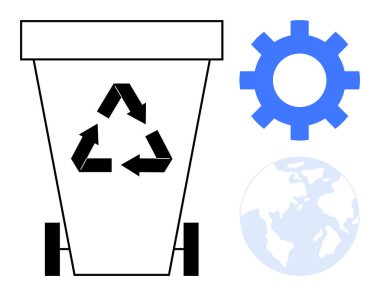 Çöp tenekesini oklar, vites sembolü ve Dünya illüstrasyonu ile birleştirerek koruma, üretkenlik ve küresel sorumluluk fikirlerini birleştiriyoruz. Çevre, endüstri, sürdürülebilirlik ve atık için ideal