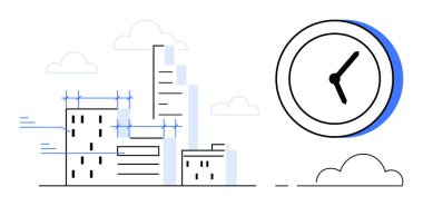 İnşaat halindeki şehir binaları iskeleli, büyük bir saatin yanında. Zaman, planlama, inşaat, teslim tarihi, verimlilik, kentsel gelişim verimliliği için ideal. Basit düz metafor