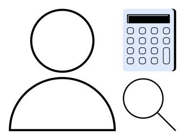 Hesap makinesi ve büyüteçle ana hatları kullanıcı araştırmaları, hesaplamaları ve keşifleri temsil eden kişiler. Analiz, muhasebe, arama, araştırma, finans, değerlendirme için ideal