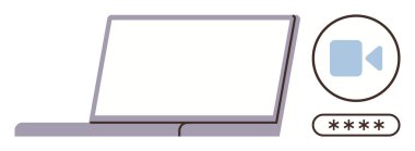 Mavi bir webcam simgesi ve şifre giriş alanının yanında dizüstü bilgisayar aç. Güvenlik, uzaktan çalışma, sanal toplantılar, teknoloji, veri gizliliği, erişilebilirlik, iletişim için ideal. Basit düz metafor