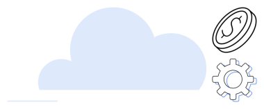 Bir dişli ve madeni para ikonu ile çevrili bir bulut. Teknoloji, bulut hizmetleri, finans, yenilik, veri yönetimi, iş dünyası, otomasyon için ideal. Basit düz metafor