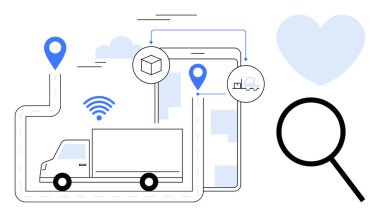 Haritalı bir rotada teslimat kamyonu, GPS işaretleyicileri, kablosuz ikonlar ve lojistik takibi sembolize eden bir büyüteç. İkmal zinciri, ulaşım, dağıtım, izleme, lojistik filosu için ideal