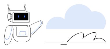 Soyut manzara çizgileri üzerinde açık mavi bir buluta doğru hareket eden antenli sevimli bir robot. Teknoloji için ideal, yapay zeka, bulut hesaplama, yenilik, otomasyon, veri depolama