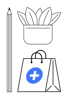Saksı bitkisinin yanında kalem ve sağlık haçı amblemi olan alışveriş torbası. Sağlık, eko-dostluk, iş hayatı dengesi, sağlık, eğitim, üretkenlik, minimalizm için ideal, basit düz metafor