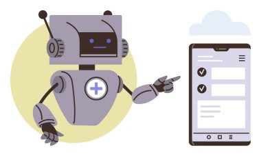 Dost canlısı robot, tamamlanmış görevleri ve bir bulut simgesi olan akıllı telefon ekranını işaret ediyor. Yapay zeka, otomasyon, teknoloji, dijital yardım, üretkenlik, yenilik, basit düz metafor