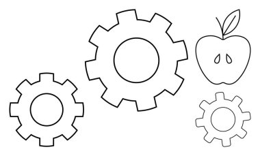 Tohumlu stilize bir elmanın yanında farklı boyutlarda birbirine bağlı dişliler. Konseptler için idealdir. Takım çalışması, üretkenlik, teknoloji, refah, yenilik, büyüme, denge. Basit düz