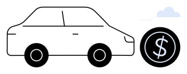Dolar işareti olan büyük bir madeni paranın yanında minimalist araba ana hatları var. Araba kredisi, sigorta, maliyet karşılaştırması, finans, kiralama, otomobil yatırımı, ulaşım bütçesi için ideal. Basit düz metafor