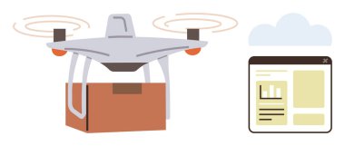 Teslimat kuadkopteri, takip arayüzü ile eşleştirilerek hedefe doğru paketi taşıyor. Lojistik, e-ticaret, bulut teknolojisi, yenilik, otomasyon, ulaşım, dijital araçlar için ideal