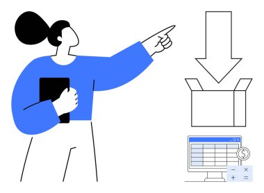 Tablet tutan kadın, indirmeyi temsil eden kutuyu ve oku işaret ediyor. Ekranda dolar sembolü olan mali tablolar. Lojistik, finans, indirme süreci, veri transferi ve iş için ideal