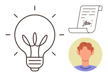 Fikirleri temsil eden ampul, anlaşmaları sembolize eden imzalı belge ve kimlik için bir kişi avatarı. Yenilik, iş, yaratıcılık, takım çalışması, anlaşmalar, kişisel markalaşma için ideal