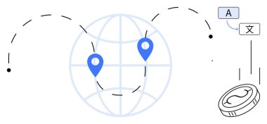 Yer işaretleyicili dünya, çeviri metni ve para birimi. Küresel ticaret, iletişim, yerelleştirme, e-ticaret, dil öğrenme seyahat finansmanı için idealdir. Basit düz metafor