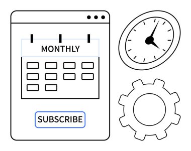 Aylık başlıklı çevrimiçi abonelik takvimi, tercihler için teçhizat, saati sembolize eden zaman ve abone tuşu. Zamanlama, planlama, üretkenlik, otomasyon, hatırlatıcılar için ideal