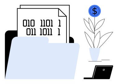 İkili kod belgeleriyle dosya klasörünü aç dolar işareti olan saksı bitkisi ve dizüstü bilgisayar. Teknoloji, finans, veri yönetimi, kodlama, analitik uzaktan çalışma minimalizmi için idealdir. Basit düz metafor