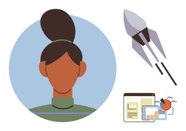 İlerleme ve büyümeyi sembolize eden bir roketin yanında odak noktasındaki bir kadının portresi ve veri odaklı kararları gösteren analitik çizelgeler. İş, teknoloji, girişim, liderlik ve yenilik için ideal