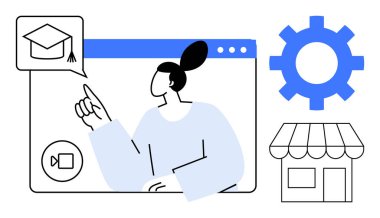 Kadının internetteki eğitim arayüzü ile etkileşimi video çağrısı, mezuniyet şapkası, vites ve mağaza unsurları içeriyor. E-öğrenim, teknoloji, iş, işbirliği, başarı yeniliği için ideal