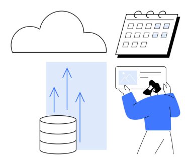 Büyüyen veritabanına bağlı bulut, olaylarla dolu takvim, ekrandaki profesyonel analiz verileri. Bulut depolama, veri analizi, zamanlama, büyüme, sunum, üretkenlik için ideal düz