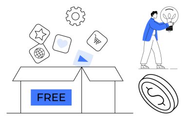 FREE etiketli açık kutu uygulama simgeleri salınıyor yıldız, kalp, dünya, alışveriş arabası. Ampul ve büyük paralar tutan bir figür. Yenilik için ideal, yaratıcılık, uygulamalar tasarruf teknolojisi