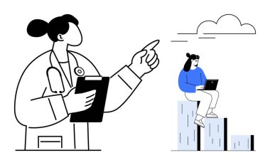 Önünü gösteren panosu olan doktor, bulut altındaki dizüstü bilgisayarını kullanarak çizelge çubuğuna oturmuş. Sağlık hizmetlerinde ilerleme, veri analizi, kariyer başarısı, eğitim, rehberlik, yenilik, liderlik için ideal