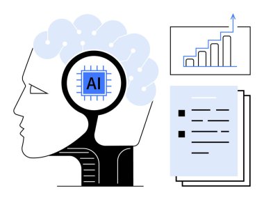 İnsan profili yapay zeka çipi ve sinirsel bağlantıları birleştirir. Yükselen grafik veri ilerleme belgelerinin analizi önerdiğini gösteriyor. Yapay zeka teknolojisi, yenilik, makine eğitimi, veri bilimi, ilerleme için ideal