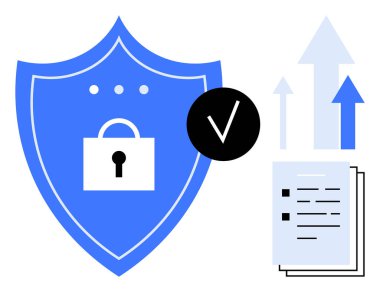 Kilitli kalkanlar, belgelerin üzerindeki işaretler ve yukarı doğru çıkan oklar güvenliği, ilerlemeyi ve uyumu simgeliyor. Siber güvenlik, veri koruması, büyüme, güven güvenlik dijital çözümleri için ideal