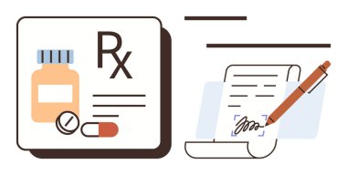 İlaç ikonları, haplar, kapsül ve şişe de dahil olmak üzere bir kalemle imzalanmış tıbbi reçete kağıdı. Sağlık, eczane, tedavi, reçeteli ilaçlar, tıbbi danışmanlık, hasta bakımı için ideal