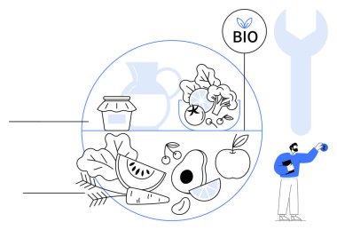 Taze meyve, sebze ve organik kavanoz sağlıklı beslenmeyi ön plana çıkarır. Biyolojik etiket sürdürülebilirliği ve çevre dostu odaklanmayı vurguluyor. Sağlık, beslenme, organik tarım ve biyolojik sertifika için ideal.
