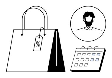 İndirim etiketli alışveriş çantası, çemberdeki erkek profili ve işaretli tarihli takvim. Perakende satış, satış planlaması, zaman yönetimi, müşteri odağı, e-ticaret, terfiler için ideal daire