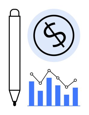 Kalem, dolar sembolü ve finansal planlama, veri analizi, yatırım stratejisi, bütçe oluşturma, iş başarısı, gelir artışı ekonomik içgörüyü gösteren noktaları gösteren mavi çubuk grafiği. İdeal