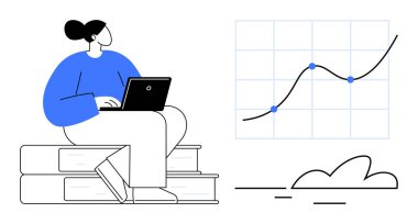 Üst üste dizüstü bilgisayarda çalışan bir kadın, yukarı doğru giden bir grafiğin yanında oturuyor. Analiz, strateji, eğitim, büyüme, teknoloji, iş planlaması için ideal, basit düz metafor