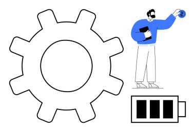 Optimizasyonu sembolize eden büyük dişli, yükleme sembolü ve bataryası yanında pano tutan adam. Takım çalışması için ideal, verimlilik, endüstri, iş akışı, yenilik, teknoloji verimliliği. Basit düz