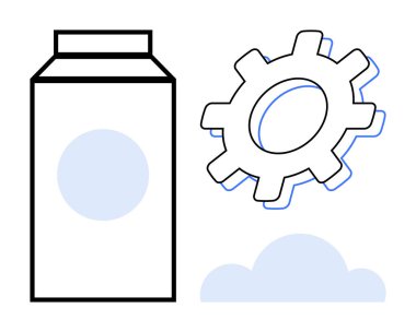 Birbirine bağlı elementler olarak süt kutusu, vites ve bulut. Gıda endüstrisi, üretim süreci, sürdürülebilirlik, teknoloji, yenilikçi lojistik tasarım için idealdir. Asgari biçim basit düz