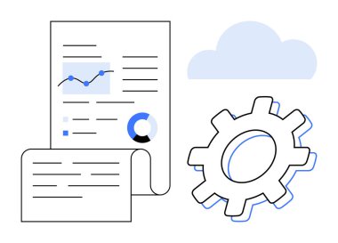 Grafikler ve çizelgeler içeren analitik belgeler, büyük dişli sembolik süreçler, ince bulutlar bulut depolama anlamına gelir. Veri analizi, iş akışı, bulut hesaplama, sistem kurulumu ve raporlar için ideal