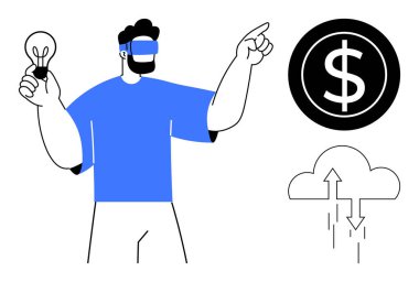 VR kulaklıklı adam ampulü elinde tutuyor ve yenilik, sanal gerçeklik, bulut hesaplaması, finans, büyüme, teknoloji ve yaratıcılığı temsil eden dolar sembolüne işaret ediyor. Girişimci Fintech için ideal