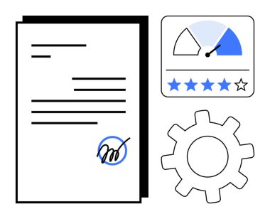 İmzalanmış belge, performans göstergesi, beş yıldızlı not ve anlaşma, kalite, değerlendirme, verimlilik, iş akışı verimliliği ve iyileşmeyi sembolize eden vites. İş sözleşmeleri için ideal