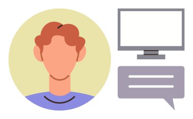 Bir kişinin soyut temsili, bilgisayar monitörü ve sohbet kutusu. İletişim, teknoloji, takım çalışması, uzaktan çalışma, müşteri desteği, kullanıcı etkileşimi için ideal basit düz metafor