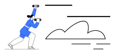 Dürbün tutan atletik pozdaki kadın figürü, ileriye bakıyor. Bulut, çizgiler gelecekteki hedefleri simgeler. Keşif, vizyon, fırsatlar, liderlik, merak planlama için ideal basit bir daire