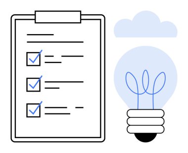 Görevlerin yanında kontrol işaretleri olan kontrol listesi, bitkisel iplikli ampul ve bulut. Üretkenlik, hedef belirleme, planlama, yaratıcılık, yenilik, organizasyon sürdürülebilirliği için ideal