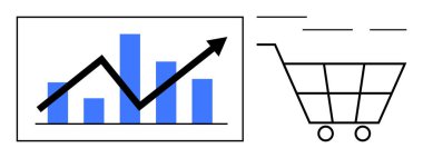 Yükselme eğilimi olan bar tablosu ve satış arabaları satış artışı, iş başarısı ve pazar eğilimlerini iletiyor. Finans, e-ticaret, analitik, iş planlaması, perakende, pazarlama dijital için ideal