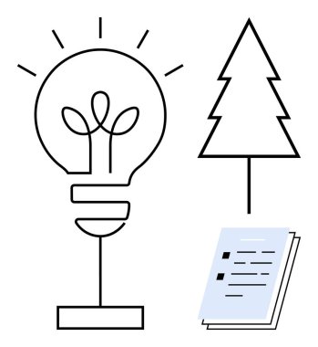 Fikirleri temsil eden ampul, doğayı sembolize eden ağaç ve planlama için belgeler. Yenilik, sürdürülebilirlik, eğitim, çevre dostu temalar, iş dünyası beyin fırtınası ve tasarım için ideal. Basit.