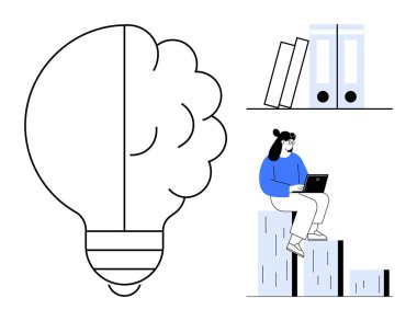 Kitapların üzerinde otururken dizüstü bilgisayar kullanan bir kadın, yeniliği simgeleyen bir beyin ampulü, ve dosyalarla dolu raflar. Eğitim, yaratıcılık, yenilik, bilgi, öğrenme, beyin fırtınası için ideal