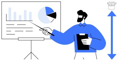 Sunucu büyük ekranda çubuk grafik ve pasta grafiğini gösteriyor, pano elinde. İş stratejisi, sunum, eğitim, takım çalışması, liderlik, analitik veya iletişim için ideal. Basit düz