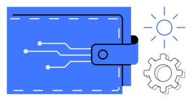 Devre çizgileri, teçhizat ve güneş elementlerinin bulunduğu mavi cüzdan teknoloji, yenilik, dijital finans ve sistemleri sembolize ediyor. Fintech, e-ticaret, kripto para birimi yazılım otomasyon araştırması için ideal