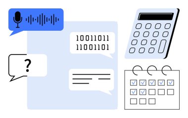 Mikrofonlu konuşma balonu, ikili kod metni, hesap makinesi, soru işareti ve ilerleme kontrollü takvim. Teknoloji, öğrenme, üretkenlik, iletişim iş akışı veri ekip çalışması için ideal