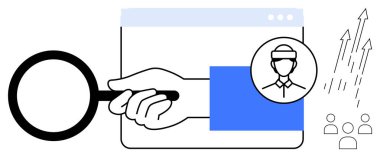 Kullanıcı profili simgesi, ok ve izleyici büyüme sembolleriyle büyüteç camını tarayıcı penceresinin üzerinde tutarak. Veri analizi, pazarlama, kullanıcı davranışı, hedef kitle, iş büyümesi için ideal