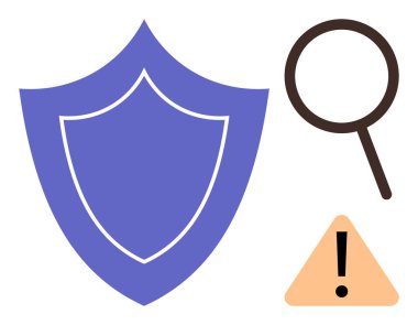 Mor kalkan, büyüteç ve sarı uyarı üçgeni koruma, teftiş ve alarmı simgeliyor. Siber güvenlik, güvenlik, tehdit tespiti, ihtiyatlı problem çözme verileri için ideal